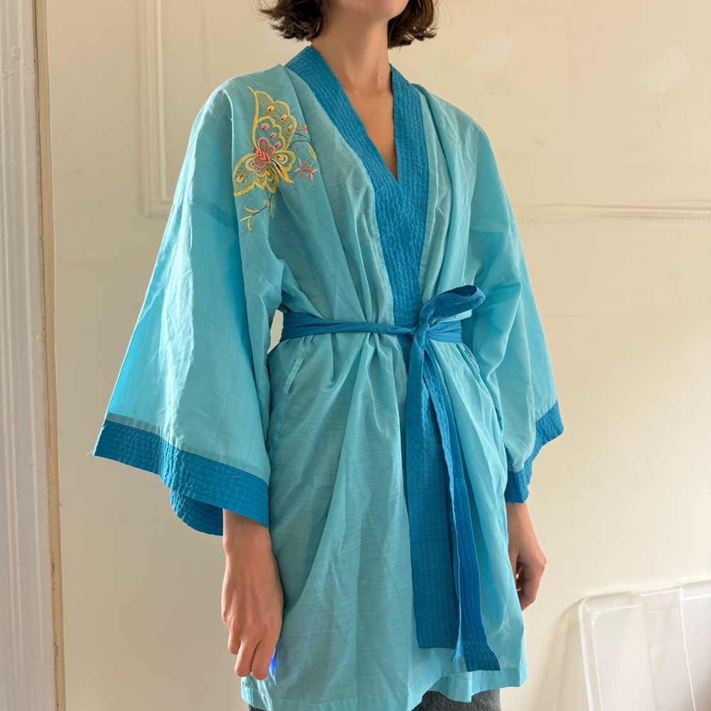 Blue Kimono-Style Robe with Gold Embroidery